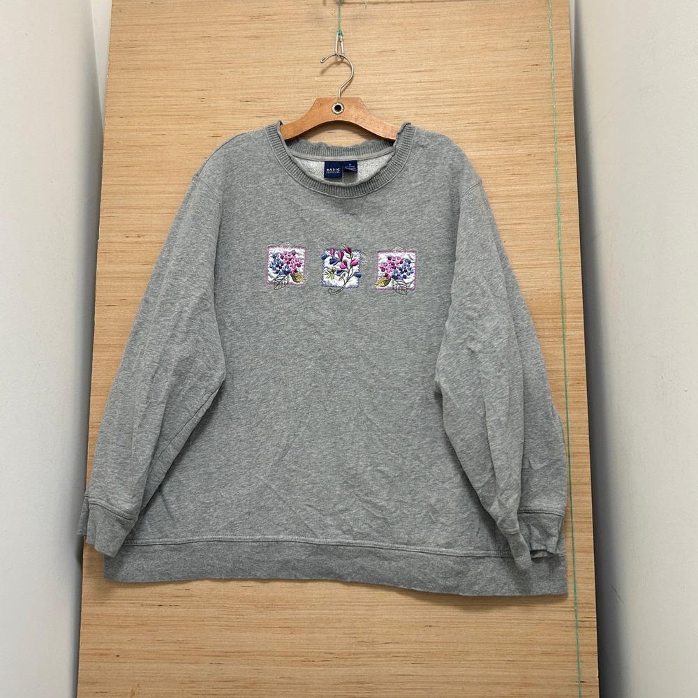 Basic Editions Heather Gray Floral Embroidered Crew Neck Sweatshirt 3X